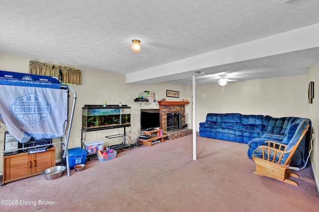 1401 Brooks Hill Rd, Brooks, KY 40109 - carpeted living area with a textured ceiling and a fireplace