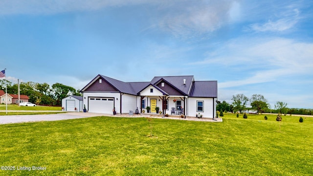 30 Bell Ct, Bedford, KY 40006 - view of front of property featuring gravel driveway, a front lawn, covered porch, an attached garage, and metal roof