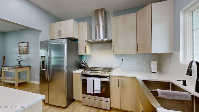 30 Bell Ct, Bedford, KY 40006 - kitchen with stainless steel appliances, wall chimney range hood, and light countertops