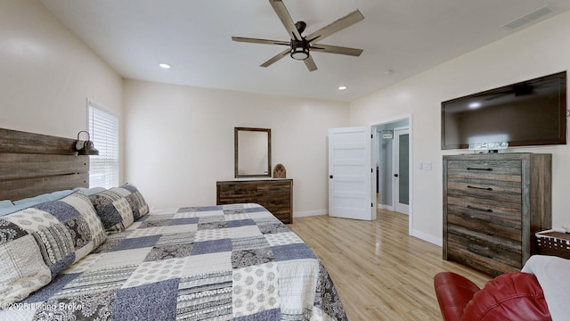 30 Bell Ct, Bedford, KY 40006 - bedroom with light wood-type flooring, recessed lighting, baseboards, and ceiling fan