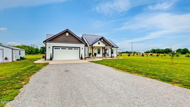 30 Bell Ct, Bedford, KY 40006 - view of front facade with gravel driveway, a front lawn, covered porch, and an attached garage