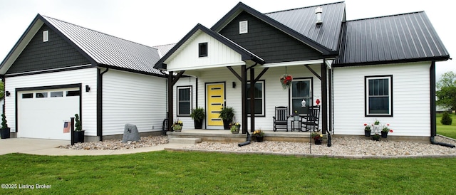 30 Bell Ct, Bedford, KY 40006 - modern farmhouse style home featuring covered porch, a front lawn, metal roof, and driveway