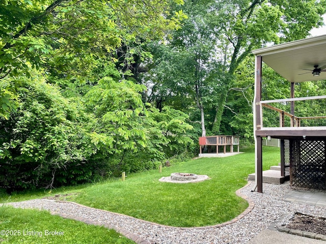 135 N Parkside Dr, Bardstown, KY 40004 - view of grassy yard featuring a fire pit, a ceiling fan, a deck, and a patio area