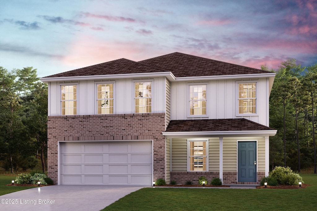 view of front of property featuring brick siding, driveway, a garage, board and batten siding, and a lawn