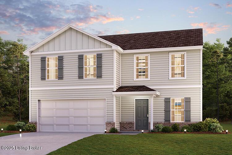 view of front of house with a garage, driveway, a front lawn, board and batten siding, and a shingled roof