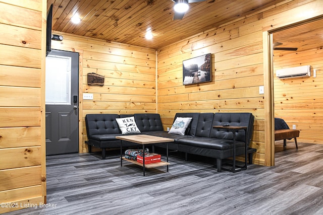 11835 Peonia Rd, Clarkson, KY 42726 - living room with wood finished floors, a wall unit AC, wood ceiling, and wood walls