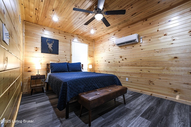 11835 Peonia Rd, Clarkson, KY 42726 - bedroom with dark wood-type flooring, a wall mounted AC, wooden walls, wood ceiling, and ceiling fan