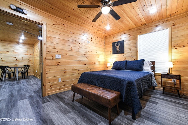 11835 Peonia Rd, Clarkson, KY 42726 - bedroom with dark wood-style floors, wooden ceiling, wooden walls, and a ceiling fan