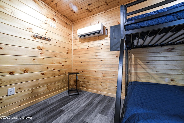 11835 Peonia Rd, Clarkson, KY 42726 - unfurnished bedroom featuring an AC wall unit, wood walls, dark wood-style floors, and wooden ceiling