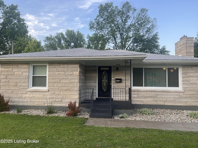 4908 Hillview Dr, Louisville, KY 40258 - view of front of house featuring stone siding, a front yard, a chimney, a porch, and a shingled roof