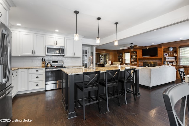 700 Sentry Way, Louisville, KY 40223 - kitchen with appliances with stainless steel finishes, ceiling fan, light stone counters, dark wood finished floors, and recessed lighting