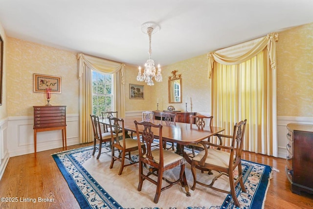1802 Park Boundary Rd, Louisville, KY 40205 - dining space featuring wallpapered walls, a wainscoted wall, a chandelier, light wood finished floors, and a decorative wall