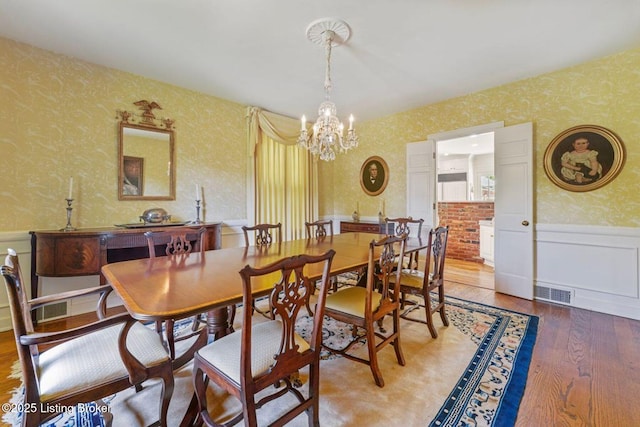 1802 Park Boundary Rd, Louisville, KY 40205 - dining area with wallpapered walls, a chandelier, wainscoting, and wood finished floors