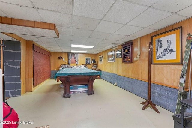 1802 Park Boundary Rd, Louisville, KY 40205 - recreation room with a paneled ceiling, billiards, finished concrete floors, and wooden walls