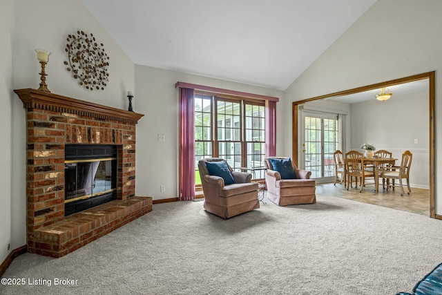 2434 Eastwood Cir, Crestwood, KY 40014 - living area featuring a brick fireplace, carpet flooring, baseboards, and high vaulted ceiling