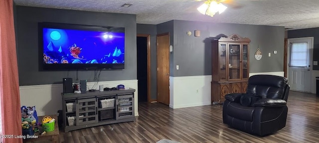 7 Dylan Ln, Upton, KY 42784 - living area featuring a textured ceiling, wood finished floors, wainscoting, and a ceiling fan