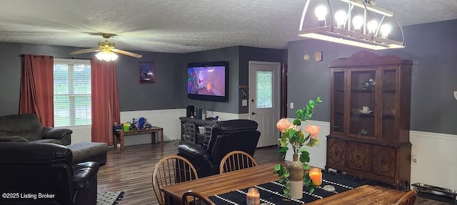7 Dylan Ln, Upton, KY 42784 - dining space with ceiling fan, a textured ceiling, wood finished floors, and wainscoting
