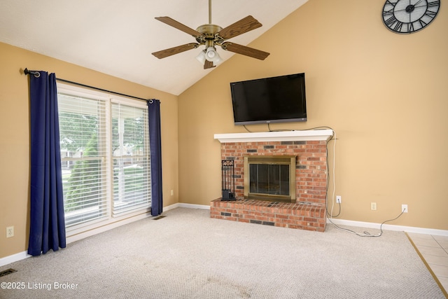 9901 Park Lake Cir, Louisville, KY 40229 - unfurnished living room featuring ceiling fan, high vaulted ceiling, carpet flooring, and baseboards