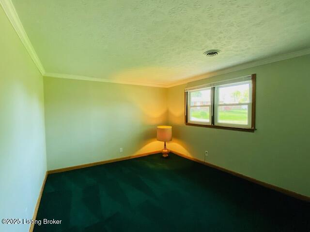 606 Nally Ct, Bardstown, KY 40004 - unfurnished room featuring baseboards, dark carpet, ornamental molding, and a textured ceiling