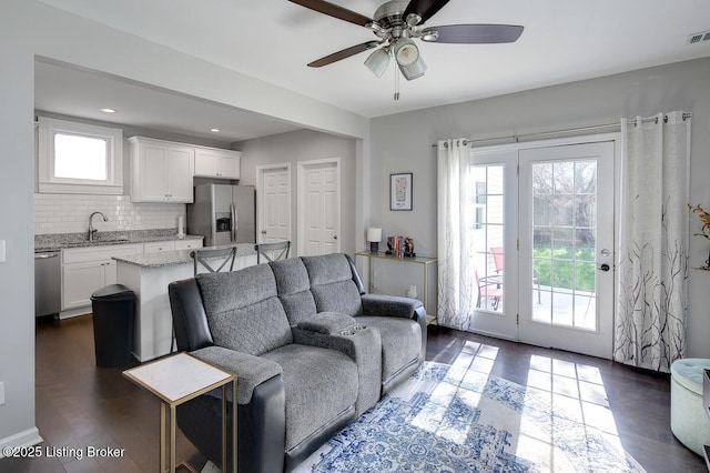 1517 Hoertz Ave, Louisville, KY 40217 - living area with a ceiling fan, dark wood-style floors, and recessed lighting
