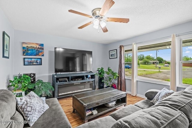 living room with healthy amount of natural light, ceiling fan, light wood-type flooring, and a textured ceiling