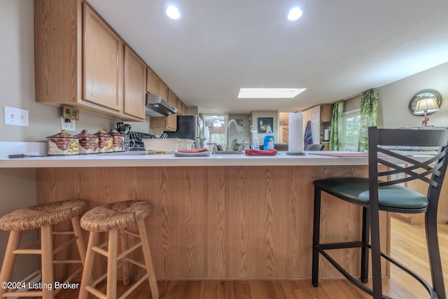 3085 Centerview Rough River Ln, Hudson, KY 40145 - kitchen with under cabinet range hood, a peninsula, light wood finished floors, a kitchen breakfast bar, and light countertops