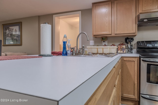 3085 Centerview Rough River Ln, Hudson, KY 40145 - kitchen with stainless steel range with electric cooktop, under cabinet range hood, light countertops, and light brown cabinets