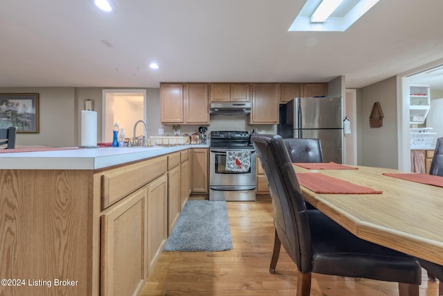 3085 Centerview Rough River Ln, Hudson, KY 40145 - kitchen featuring appliances with stainless steel finishes, range hood, light wood-type flooring, light countertops, and light brown cabinetry