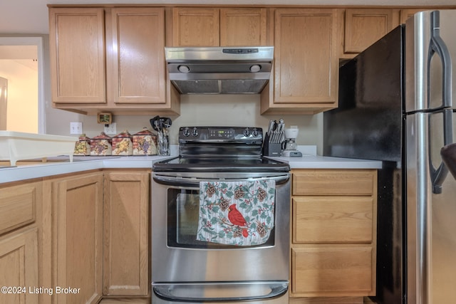 3085 Centerview Rough River Ln, Hudson, KY 40145 - kitchen featuring electric stove, ventilation hood, freestanding refrigerator, and light countertops