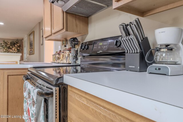 3085 Centerview Rough River Ln, Hudson, KY 40145 - kitchen with premium range hood, electric range, light countertops, and light brown cabinets