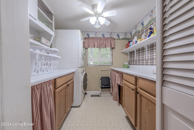 3085 Centerview Rough River Ln, Hudson, KY 40145 - laundry room featuring light flooring, a ceiling fan, cabinet space, stacked washer and clothes dryer, and an office area