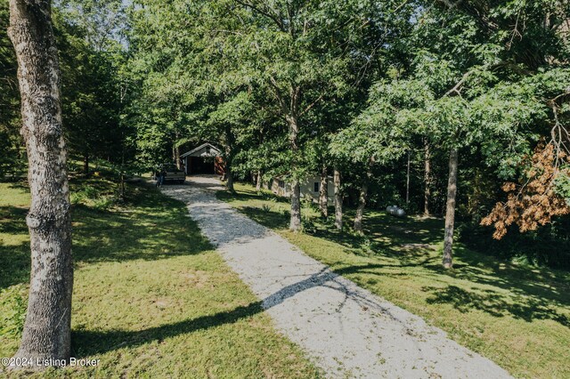3085 Centerview Rough River Ln, Hudson, KY 40145 - view of property's community featuring driveway, a yard, an outdoor structure, and a wooded view