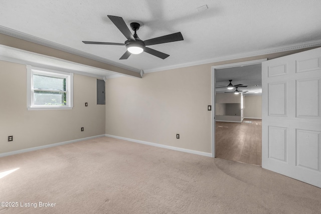 916 Winchester Blvd, Elizabethtown, KY 42701 - empty room with ceiling fan, ornamental molding, baseboards, light carpet, and electric panel