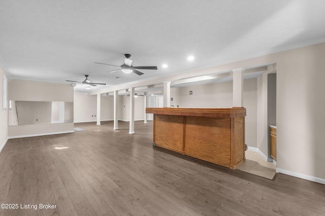 916 Winchester Blvd, Elizabethtown, KY 42701 - indoor dry bar with crown molding, wood finished floors, baseboards, a ceiling fan, and recessed lighting