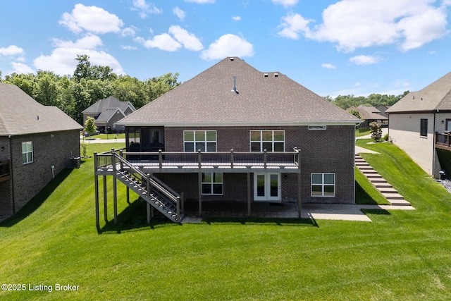 15905 Cabin View Ln, Louisville, KY 40245 - rear view of house with stairway, a patio area, a wooden deck, brick siding, and a lawn