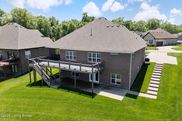 15905 Cabin View Ln, Louisville, KY 40245 - rear view of house with a wooden deck, stairway, a patio area, and a lawn