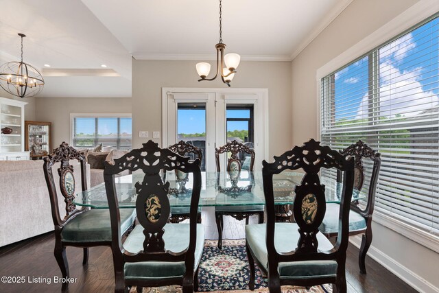 15905 Cabin View Ln, Louisville, KY 40245 - dining area with a chandelier, dark wood-type flooring, crown molding, baseboards, and recessed lighting