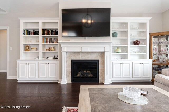 15905 Cabin View Ln, Louisville, KY 40245 - living room featuring dark wood-type flooring, a fireplace, and baseboards