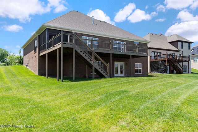 15905 Cabin View Ln, Louisville, KY 40245 - back of property with stairway, a deck, brick siding, and a yard