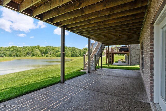 15905 Cabin View Ln, Louisville, KY 40245 - view of patio / terrace featuring a water view, stairs, and view of wooded area