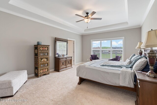 15905 Cabin View Ln, Louisville, KY 40245 - bedroom with a raised ceiling, multiple windows, crown molding, light colored carpet, and ceiling fan