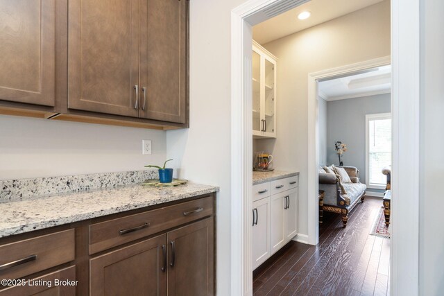 15905 Cabin View Ln, Louisville, KY 40245 - bar featuring dark wood finished floors, ornamental molding, and recessed lighting