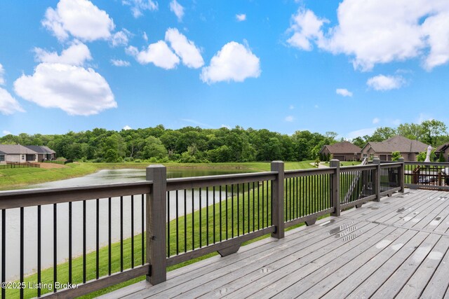 15905 Cabin View Ln, Louisville, KY 40245 - wooden deck featuring a water view, a lawn, a residential view, and view of wooded area
