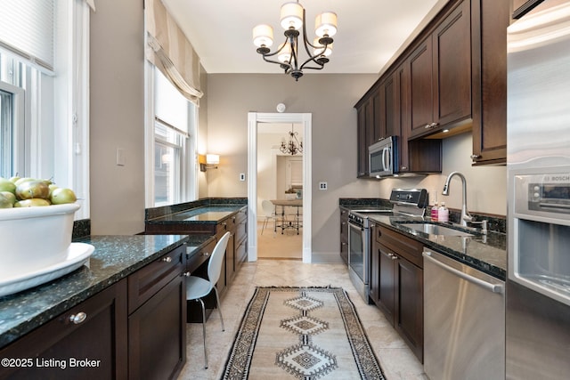 1204 S 2nd St Unit 1, Louisville, KY 40203 - kitchen featuring stainless steel appliances, a sink, dark brown cabinetry, a chandelier, and inlaid floor details