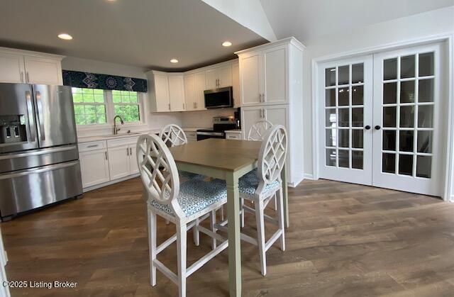 6780 Murrays Run Rd, Coxs Creek, KY 40013 - dining room featuring recessed lighting, dark wood-style floors, and french doors