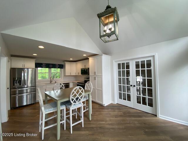 6780 Murrays Run Rd, Coxs Creek, KY 40013 - dining room featuring french doors, dark wood-style floors, recessed lighting, high vaulted ceiling, and baseboards