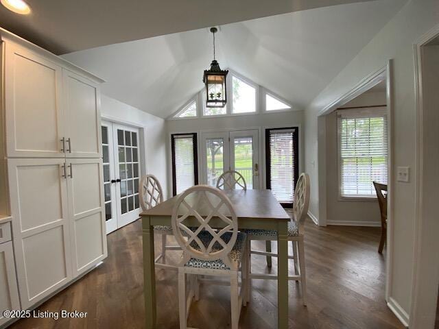 6780 Murrays Run Rd, Coxs Creek, KY 40013 - dining space featuring french doors, dark wood-type flooring, lofted ceiling, and baseboards