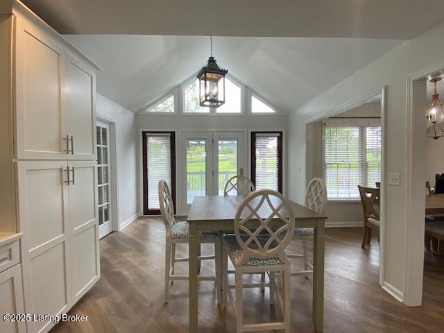 6780 Murrays Run Rd, Coxs Creek, KY 40013 - dining room with baseboards, lofted ceiling, dark wood-type flooring, and french doors