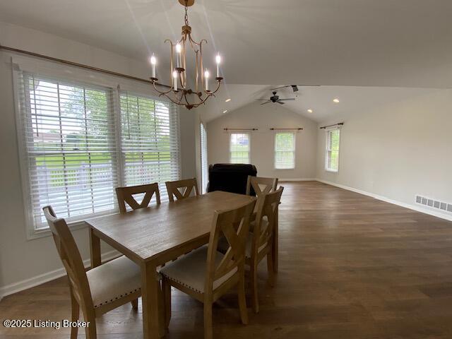6780 Murrays Run Rd, Coxs Creek, KY 40013 - dining area featuring a chandelier, baseboards, wood finished floors, vaulted ceiling, and ceiling fan