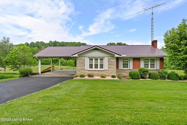 2200 Anneta Rd, Leitchfield, KY 42754 - view of front of house with a front lawn, metal roof, asphalt driveway, a chimney, and stone siding